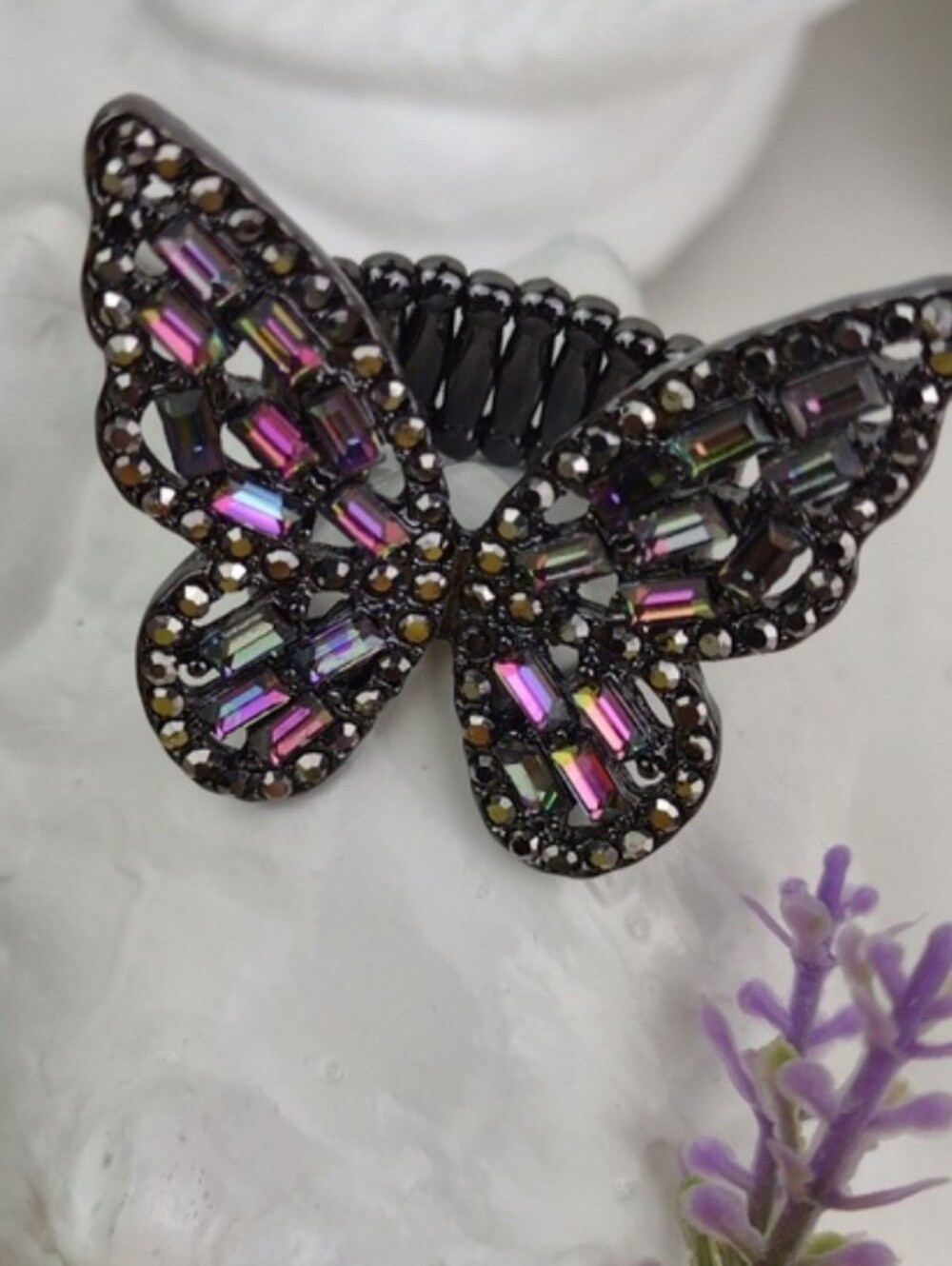 Crystal Pink & Purple Iridescent Sparkly Butterfly Gunmetal Stretch Ring